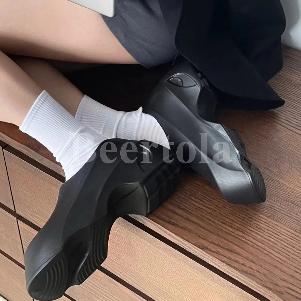 

Black Round Toe Platform Pumps Thick Bottom Slip On Mules Shoes Height Increasing Hot Chick Autumn Winter Woman Casual Shoes