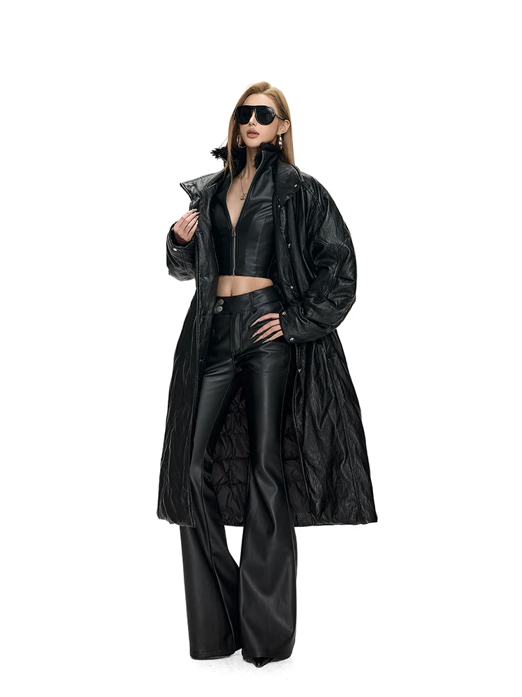 Lautaro Spring Autumn Long Fitted Soft Black Pu Leather Flare Pants for Women Low Waist Sexy Luxury Designer Gyaru Clothes 2026
