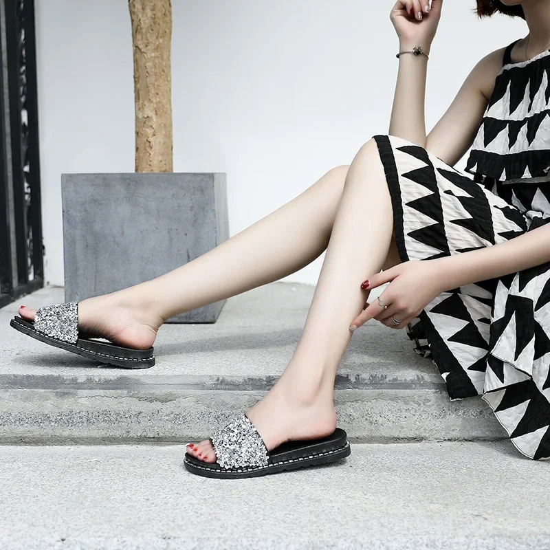 Bling Slippers New Summer Women Shoes Outdoor Beach Sandals Fashion Rhinestone Flat Sandalias Ladies Casual Slides Sandale Femme