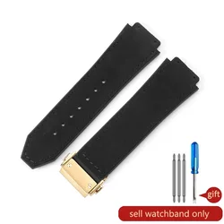 Men's Frosted Leather Watch Strap with Silicone Underskin, Convex Interface, 26x19mm - 26x19mm (Black - Golden - Z2)