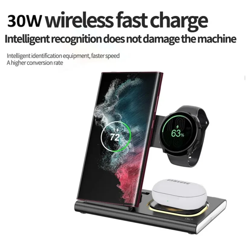 30W 3 in 1 Foldable LED Wireless Charger Stand For Samsung S24 S23 S22 Watch 6 5 4 Active 1 2 Galaxy Buds Fast Charging Station
