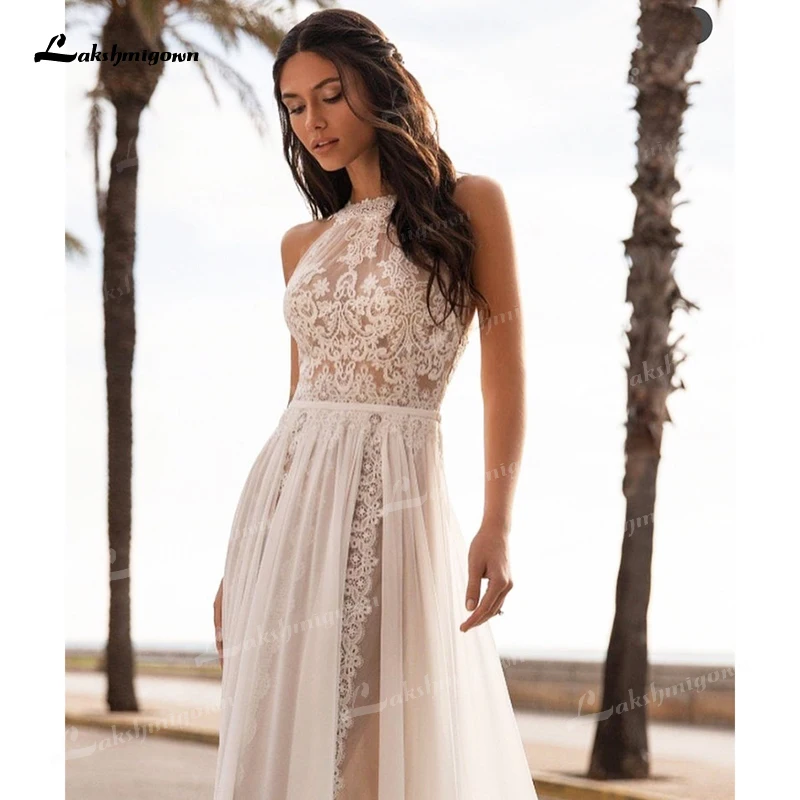 Boho Beach Halter Backless Appliques Lace A-Line Wedding Dresses 2022 Chiffon Bridal Gown Sweep Floor-Length Sashes robes tea length wedding dress