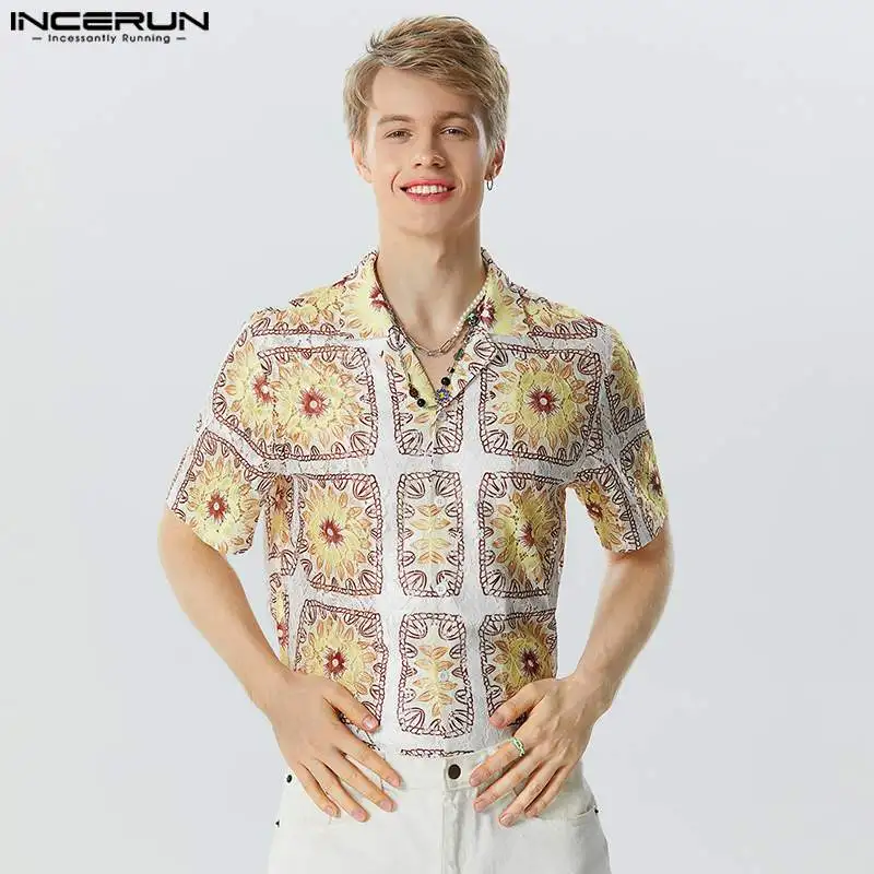 

INCERUN Tops 2023 American Style Handsome Men's Tracery Lace Printing Shirts Casual Street Male Short Sleeved Lapel Blouse S-5XL