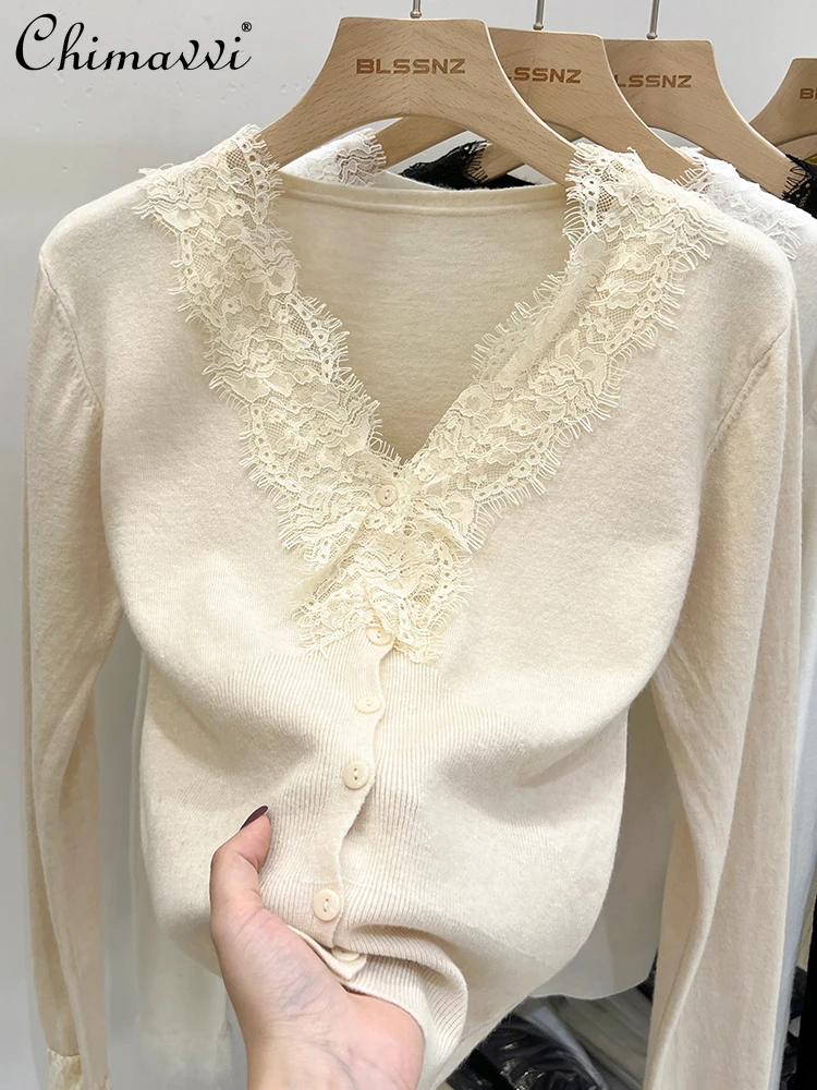 

Ice Silk Long Sleeve Knitwear Chic V-neck Patchwork Lace Top Women's 2023 Autumn Clothes New Fashion Slimming Short Sweater Lady