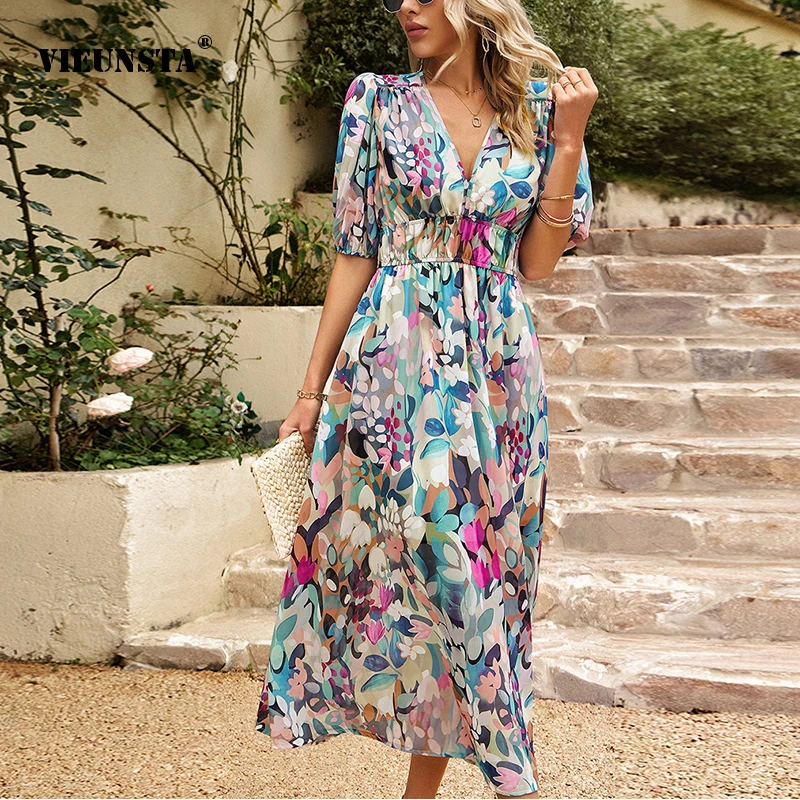 

Vestido Fashionable Street Style Women's Dress 2023 Summer Elegant Sexy V-neck Flower Print Lantern Sleeves Long Fit Dresses XL