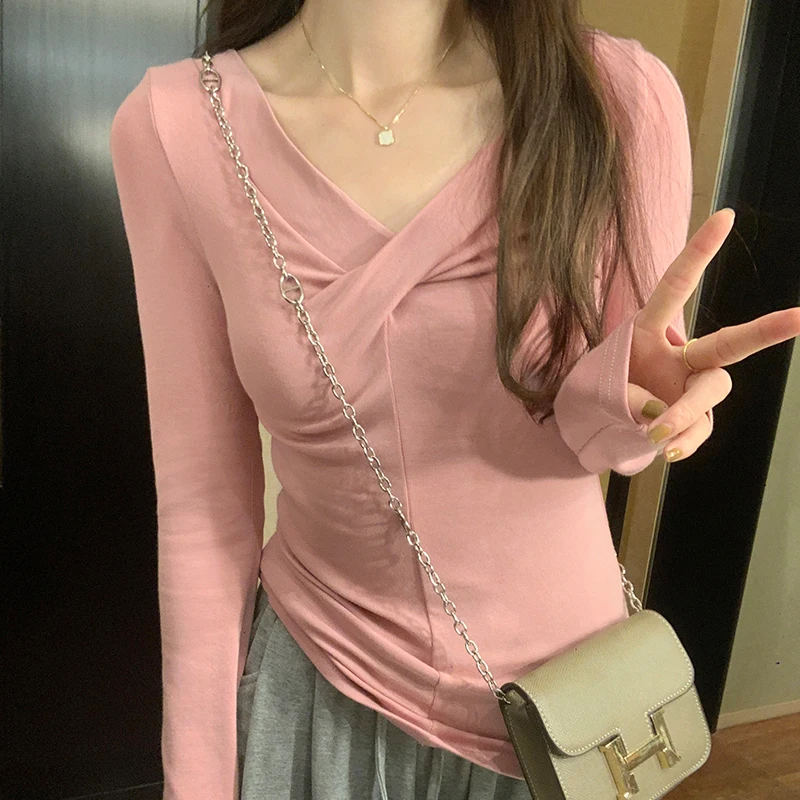

Женская футболка с длинным рукавом, розовая элегантная облегающая футболка с V-образным вырезом, в Корейском стиле, Осень-зима 2023