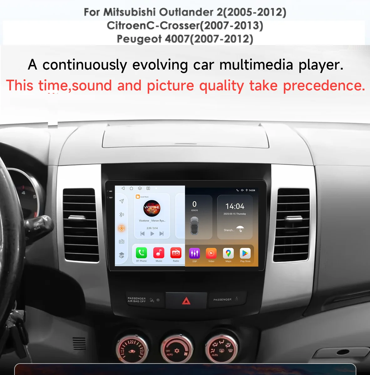 9"Android 12 Autoradio Carplay for Mitsubishi Outlander 2/Peugeot 4007/Citroen C-rosser multimedia Video player 4G GPS Stereo FM