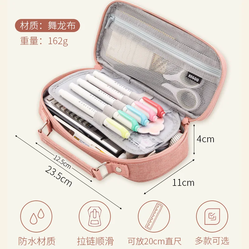 휴대용 캔버스 연필 가방, 학생 학용품 보관 가방, 대용량 문구 가방, 펜꽂이 그리드 벨트 펜 케이스 포함