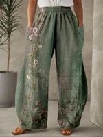 Plus Size 1XL-5XL Women Fashion Floral Printed Pleated Wide Leg High Waisted Pants Female Casual Pocket Loose Long Trousers