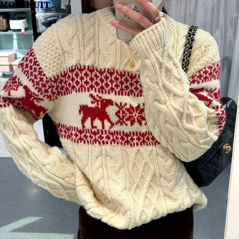 

Deer Jacquard Twisted Knitted Loose Sweater Pullover Women Vintage Fashion Korean Tops 2023 Winter Long Sleeve O-neck Jumpers