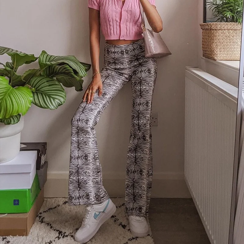 2023 Women Harajuku High Waist Trousers Flare Pants Wood Stripe Print Women Pants E-girl Aesthetic Casual Trousers Long Pants