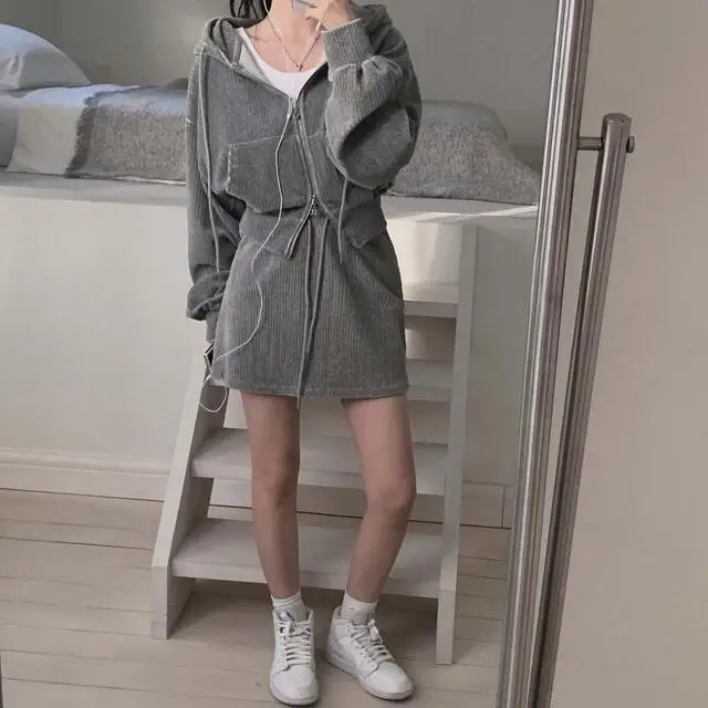Korean CHic Corduroy Two-piece Skirt Sets Women Hoodie Crop Top Coats Bodycon Mini Skirt Autumn Winter New Outfits Casual Suit
