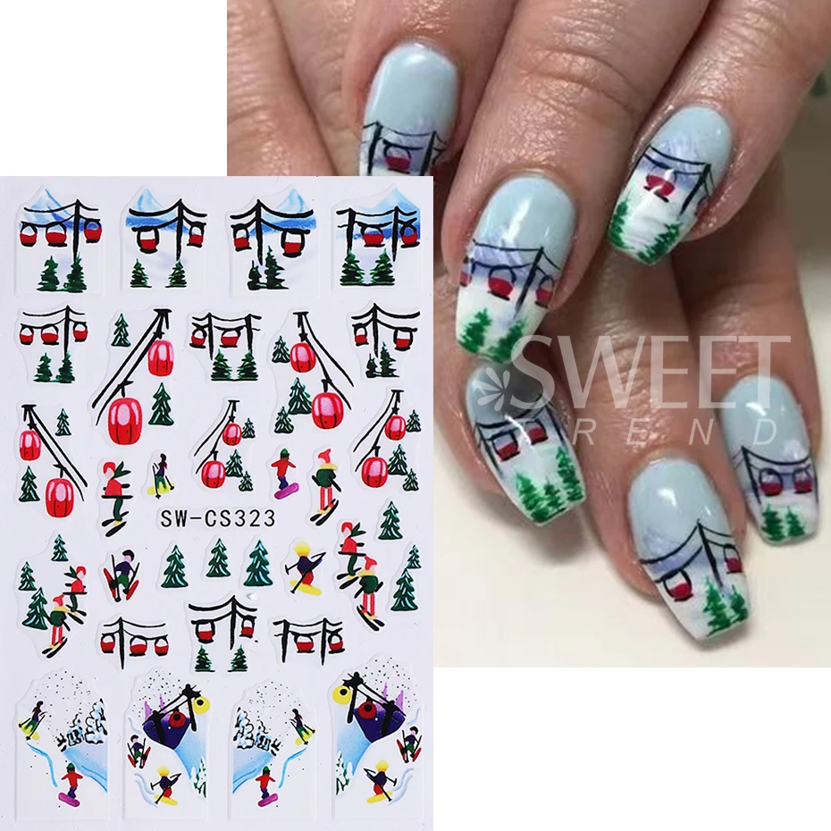 2pcs Christmas Nail Stickers Winter Tree Snow Mountain Cable Car Skiing Flying Birds Nail Decals Sliders DIY Manicure Decoration