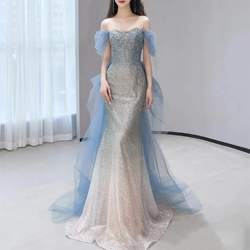 

Starry Sky Gradient Blue Evening Dresses Women Off Shoulder Beading Shiny Blingbling Mermaid Dress Exquisite Elegant Host Gown