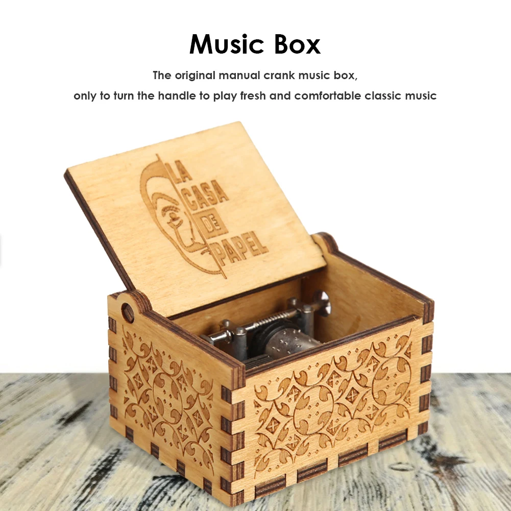 Retro Hand Cranked Music Box Wood Carved Kid Child Birthday Gift Home Decor 