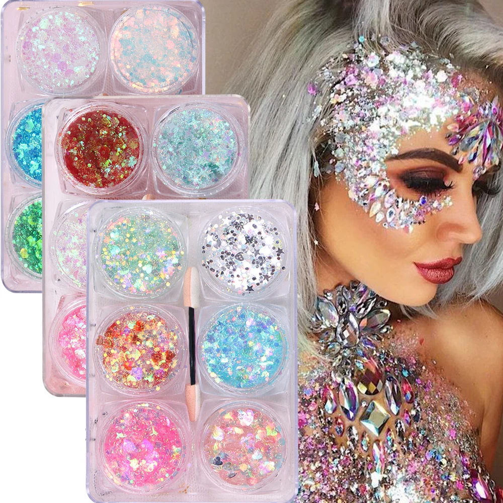 6jars/set Face/Eye Glitter Gel for Kids Sparkling Sequins Cream for Eyeshadow Face Hair Body Halloween Party Eye Decorations 3