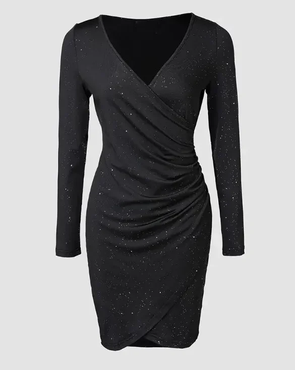 Elegant Black V-Neck Long Sleeve Mini Dress with Glitter Detail - Stretchy Polyester Ruched Cocktail Party Gown for Women, Cock 3