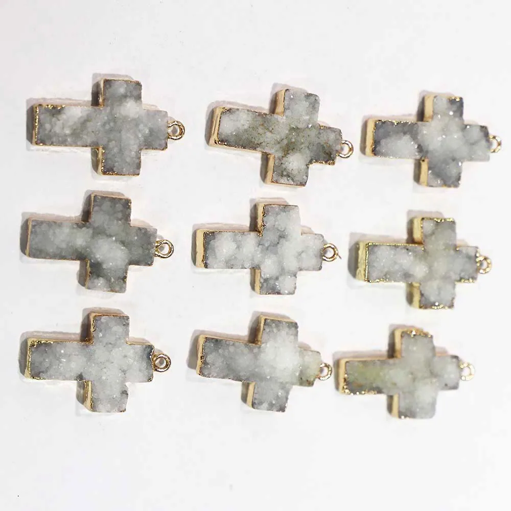 Free Shipping Natural Stone Crystal Cluster White Agate Cross Necklace Pendant Single Hole Connector Jewelry Accessories 5Pc/Lot