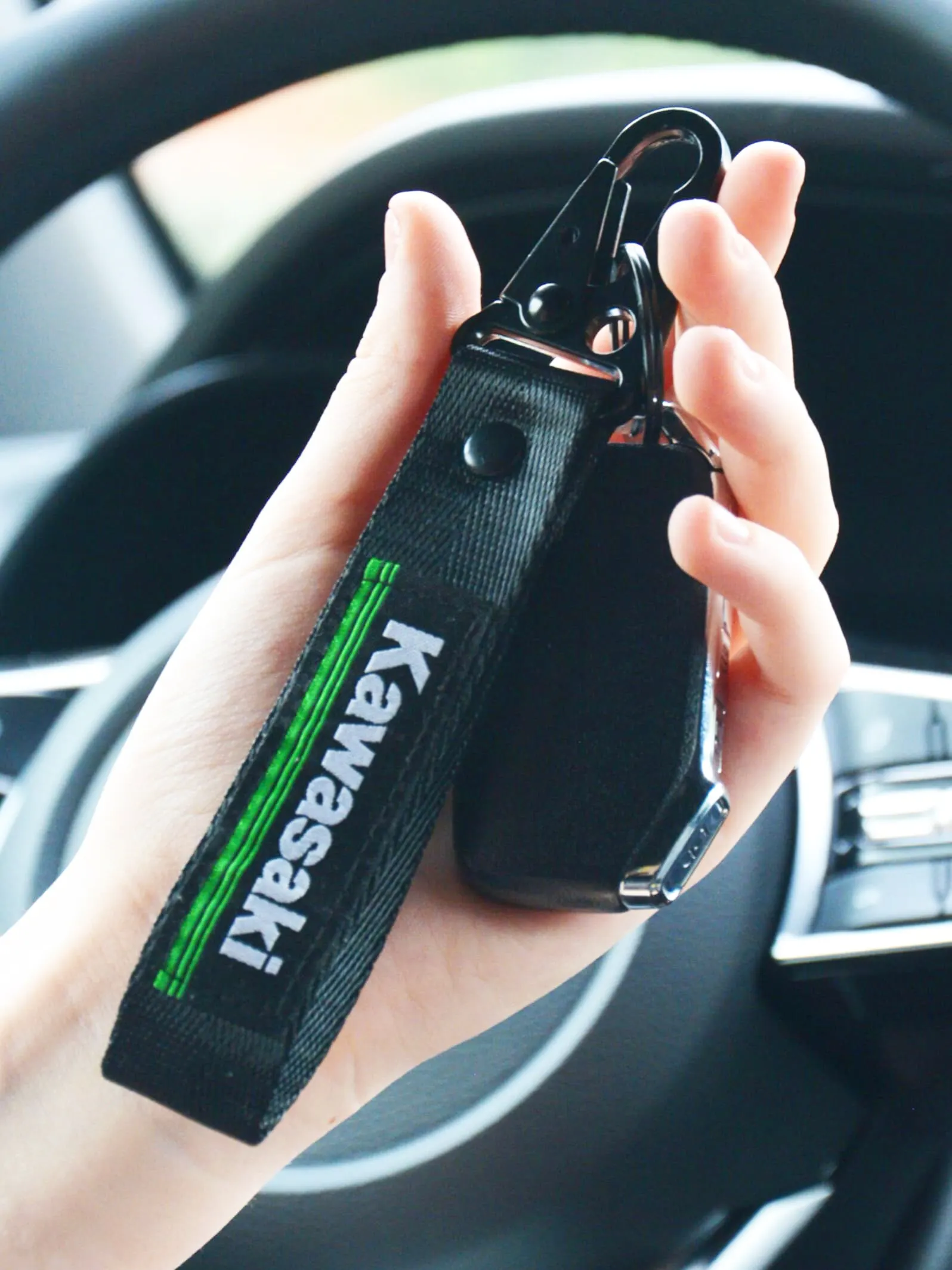 Fabric keychain for motorcycle keys with Kawasaki logo black 16x2