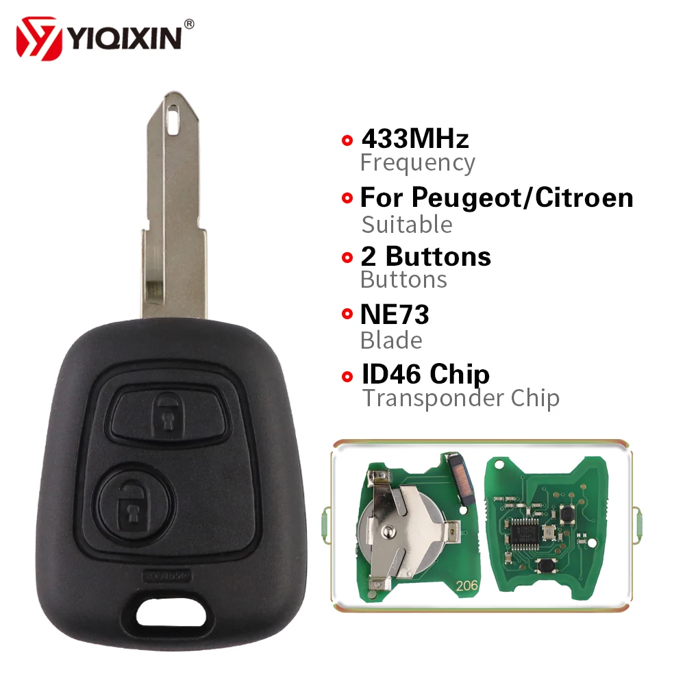 

YIQIXIN Remote Key Car Key For Peugeot 106 206 207 306 406 307 107 407 433Mhz ID46 Chip 2 Button Vehicle Key No Logo NE73 Blade