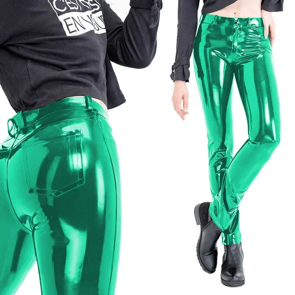 Plus Size Faux Latex Long Pants Women High Waisted Slim Fit Pencil Pants Casual Fashion Women Pants Party Club Skinny Bottoms