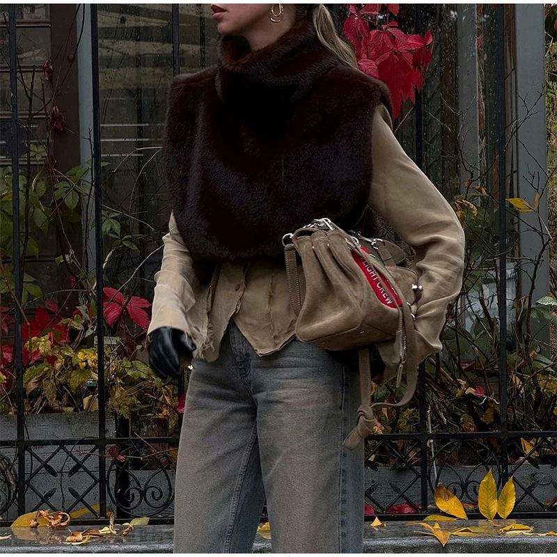 Women Solid Stand Collar Faux Fur Vest Chic High Collar Sleeveless Loose Short Waistcoat Casual 2025 Lady Daily New Street Vests