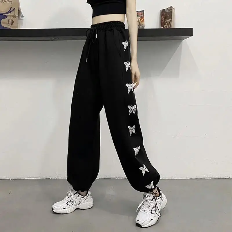 

Fashion Temperament Wide-leg Sports Pants Female Butterfly Print Drawstring Loose Casual Trousers Spring and Summer Street Trend