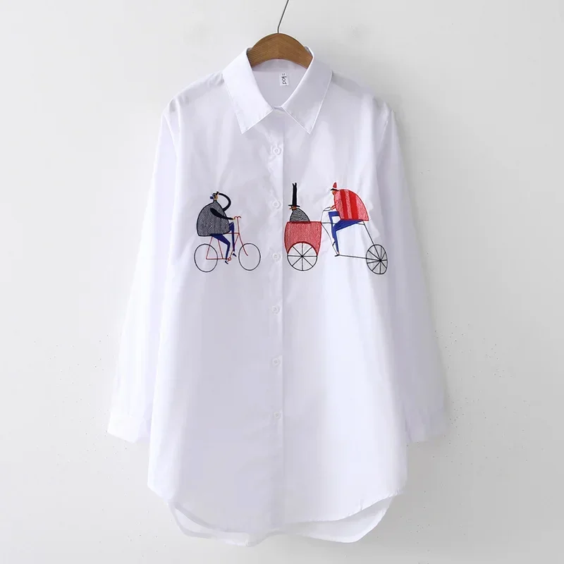 White Cotton Long Sleeve Embroidery Blouse for Women