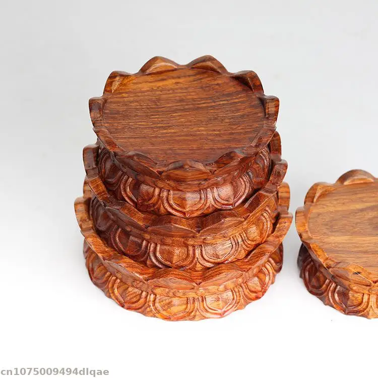 Natural Solid Wood Lotus Pedestal Crafts Vase Coffee Tea Display Stand Woodcarving Buddha Guanyin Bodhisattva Altar Table Base