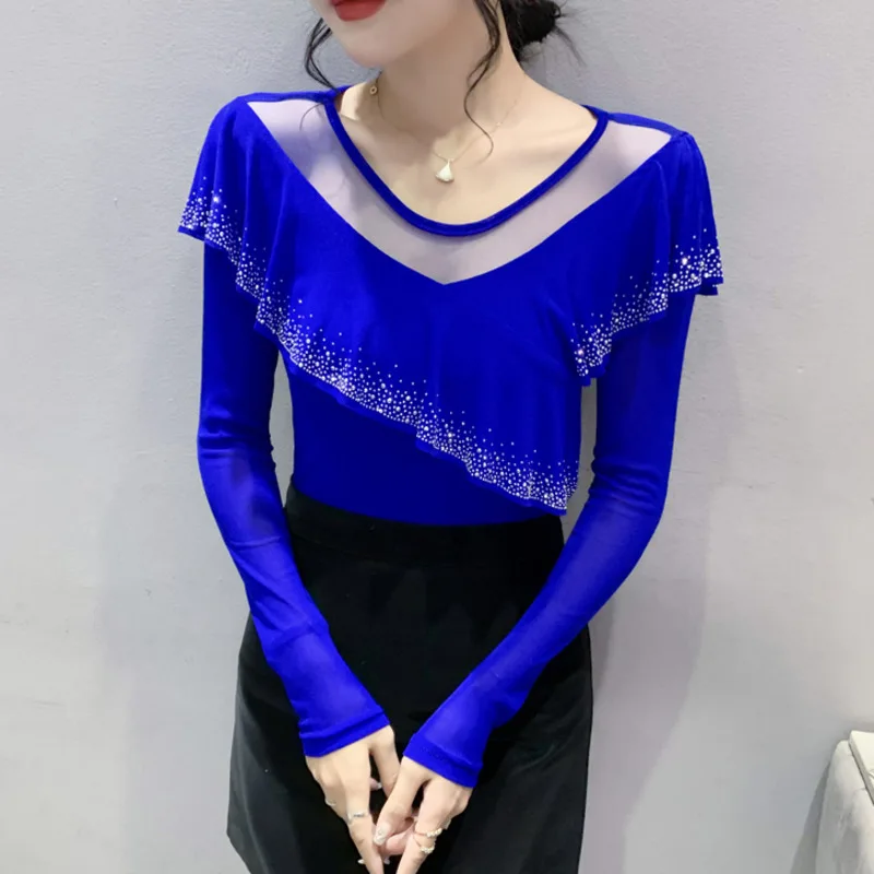 

#8202 Spring Summer Stretch Short T Shirt Women V-neck Hollow Out Ruffles Tight Long Sleeve T Shirt Female Sexy Thin Diamonds