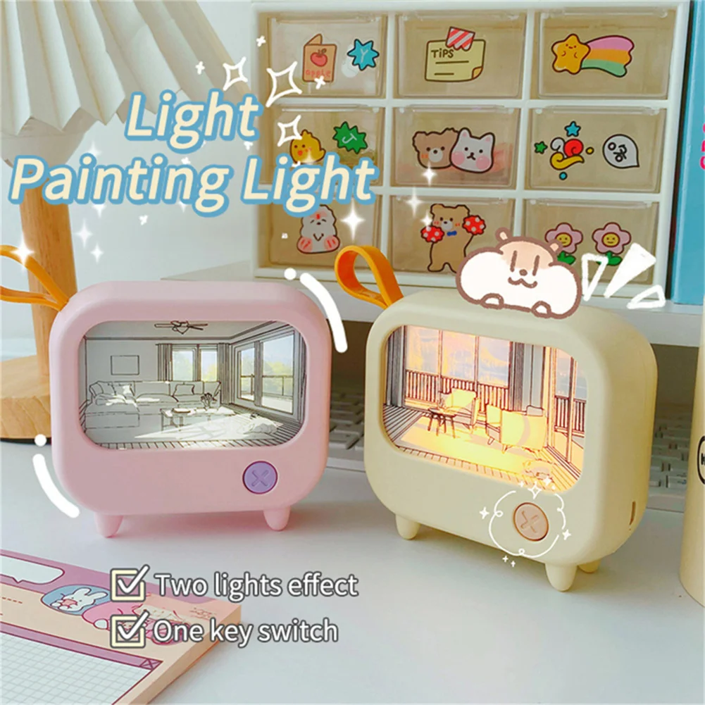 

ABS LED Night Light Cute TV Painting Design Learning Table Lamp USB Charging 2-Level Lighting Mini Desktop Light Birthday Gift