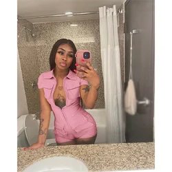 Urban Chic Zipper Pocket Playsuit - Women's Short Sleeve Cargo Romper - S (Pink)