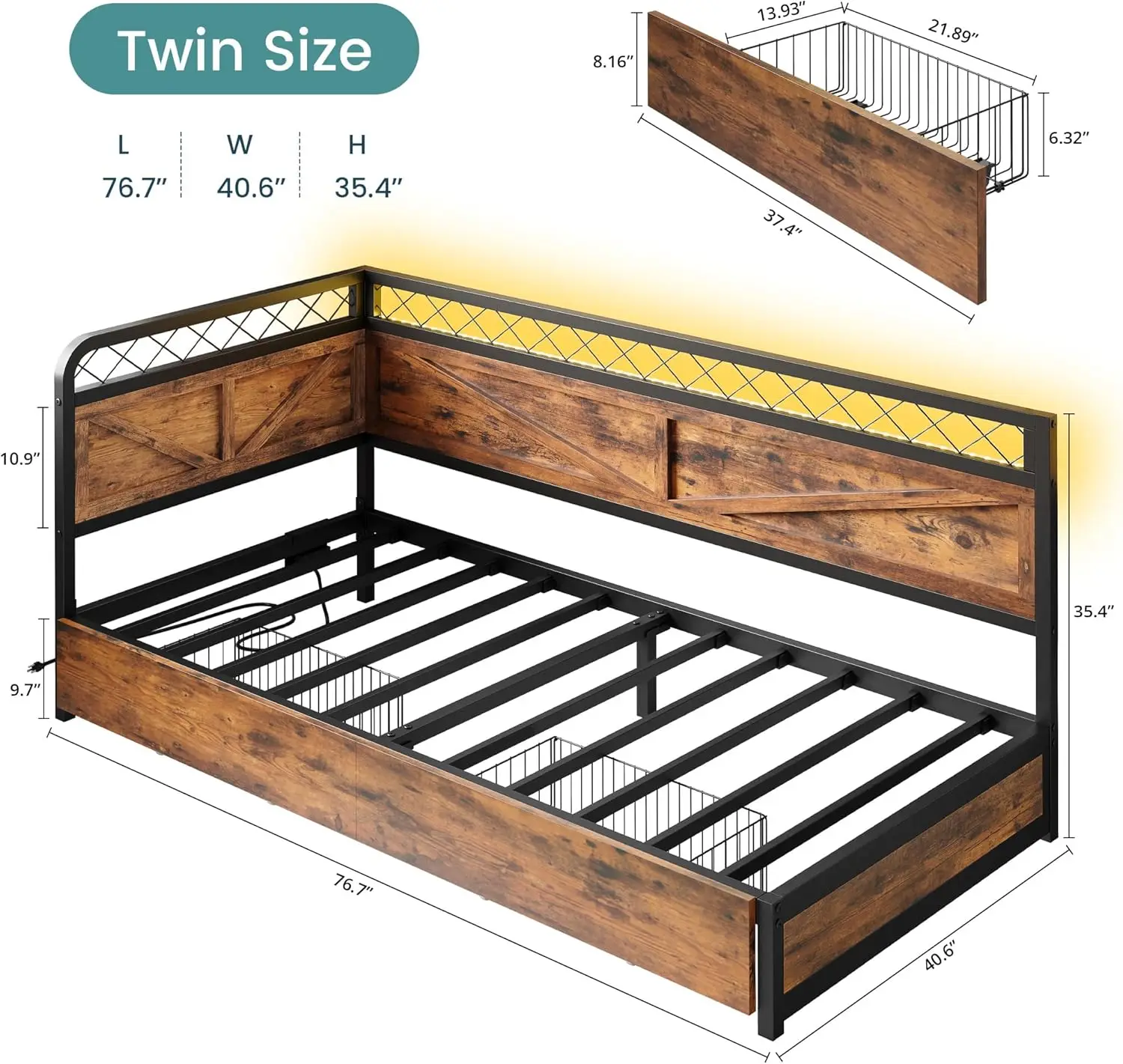 Twin Daybed with Storage Drawers, Corner Bed Frame with LED Lights and Charging Station