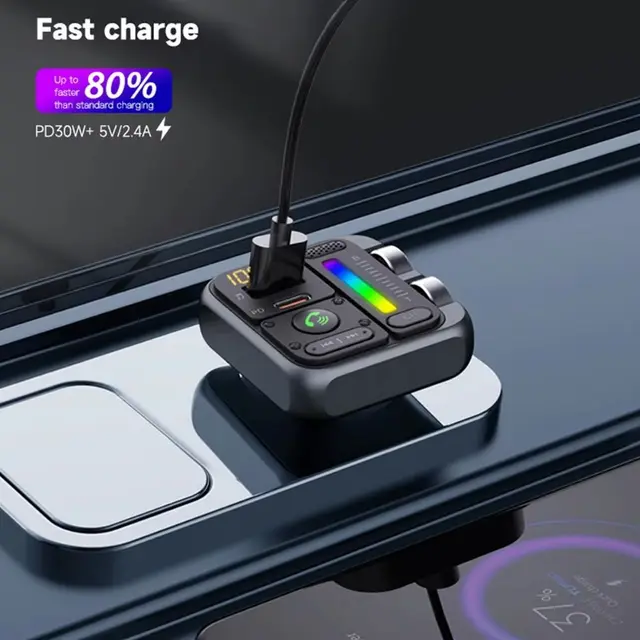 5V/2.4A Bluetooth 5.3 FM Transmitter Colorful Atmosphere Light Digital Display Car MP3 Music Player Support USB Flash Drive 3