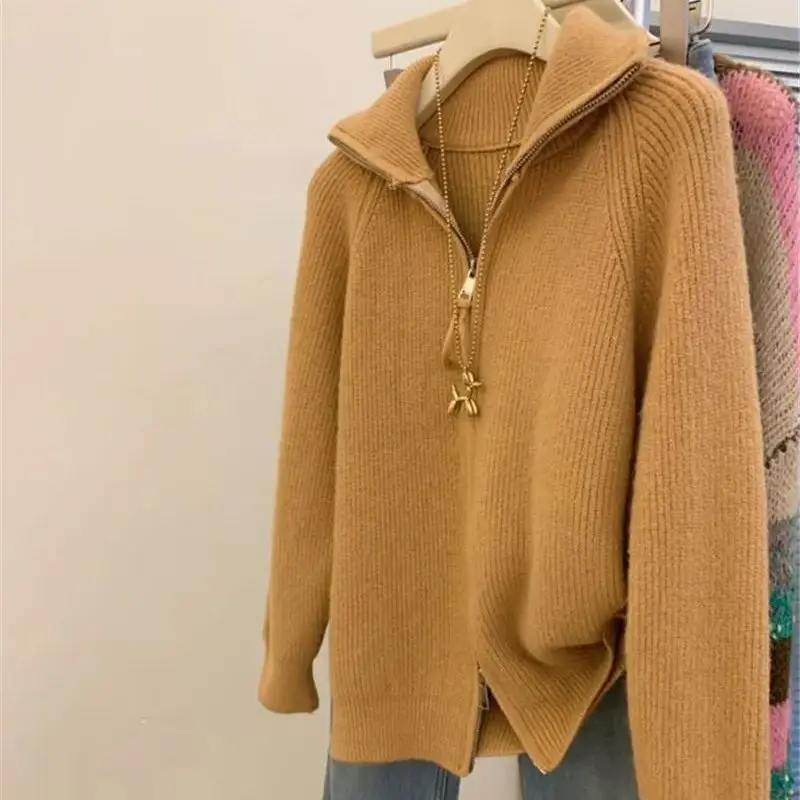 

Limiguyue шерстяной вязаный кардиган с двойной молнией и рукавами реглан, Женский кашемировый свитер с высоким воротником, пальто, вязаная куртка с переплетенным узором E373