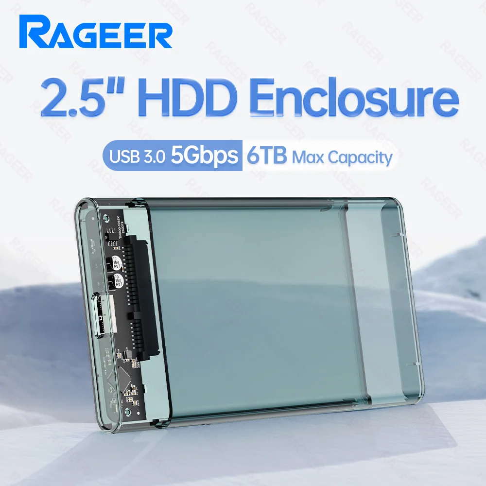 RAGEER Tool-Free Transparent Gray 2.5'' External Hard Drive Enclosure USB to SATA III 5Gbps HDD Case for 7mm/9.5mm Drives w/UASP