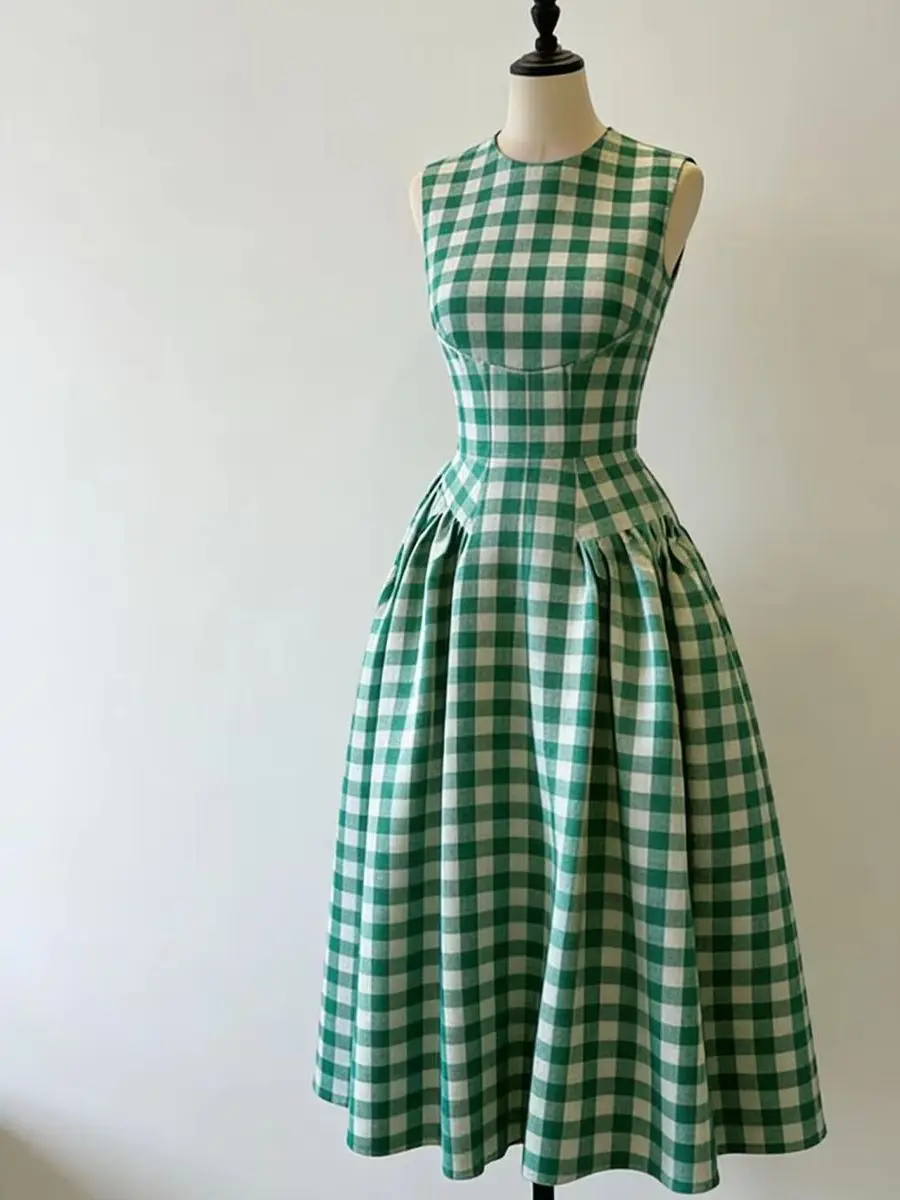 Abito Elegante Verde Menta a Quadri Senza Maniche da Donna, Gonna Lunga Estiva Stile Retrò di Nicchia, Vestibilità Slim - immagine 3