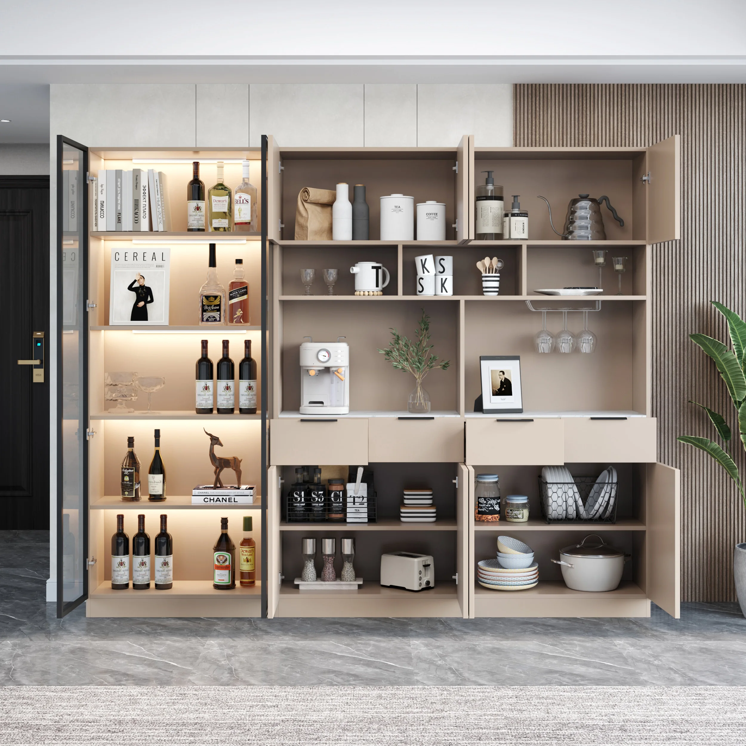 

Side cabinets integrated wine cabinets against the wall, living room, modern and simple cabinets tea cabinets, luxury.