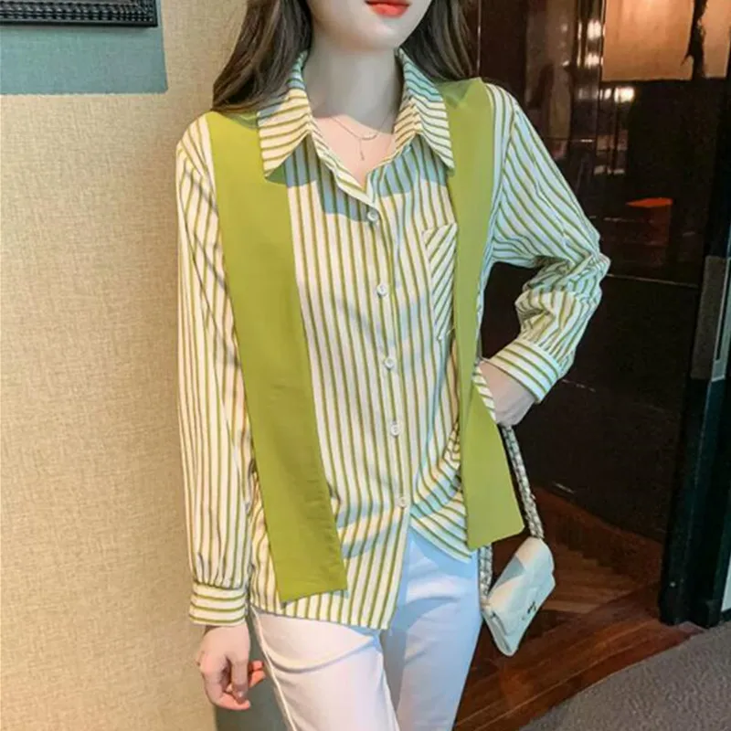 

2023 полосатые рубашки, блузки, Женская шаль с длинным рукавом, модные женские блузки, повседневная шикарная Молодежная Женская одежда с отложным воротником