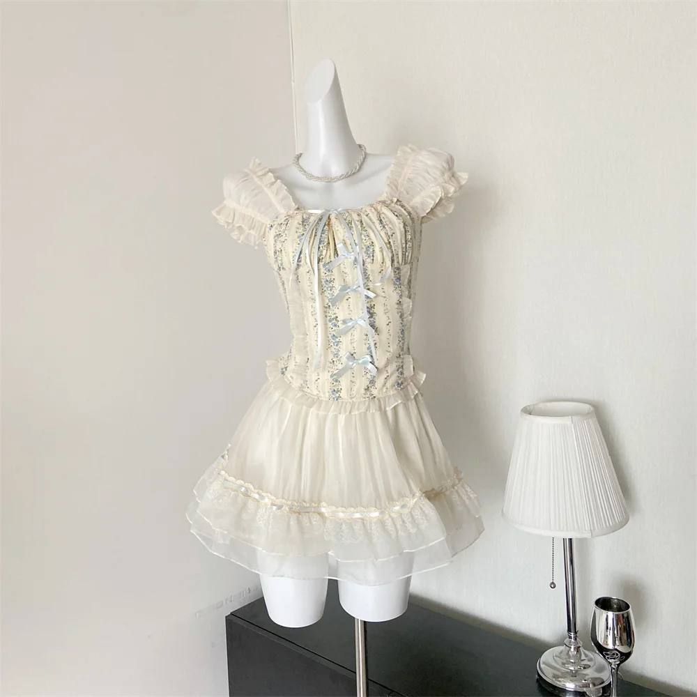 Y2K Two-piece Skirt Set Off Shoulder Square Collar Lace-up Cropped Top A-line Mini Skirt Sweet Summer New Slim Princess Outfits