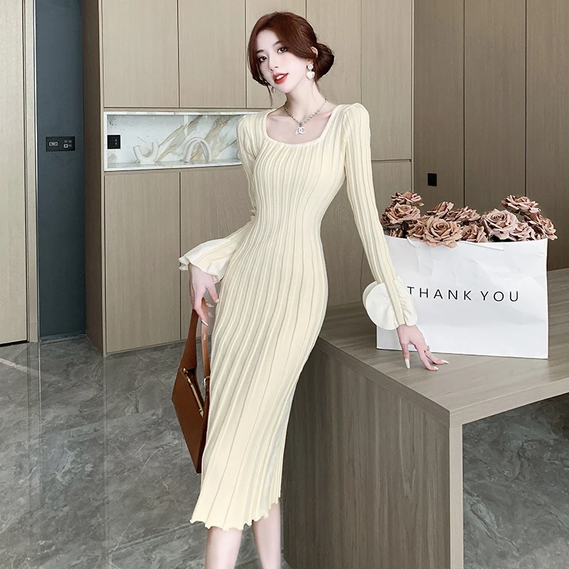 

2023 New Women Long Knit Maxi Sweater Dress Autumn Winter Knitted A Line Dress Ribbed Petal Sleeve Pullover Party Dresses