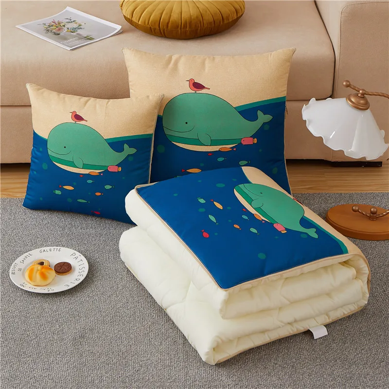 2 In 1 Blanket Pillow Foldable Patchwork Throw Quilt Home Office Cartoon Travel Cushion Square Portable Air Conditioning Quilt 