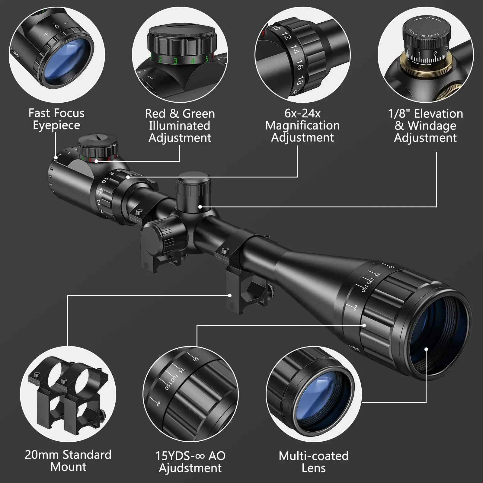 CVLIFE RifleScope 6-24x50 AO Red and Green Illuminated Long Range Scope for Hunting with Scope Rings Gun Tactical Accurate