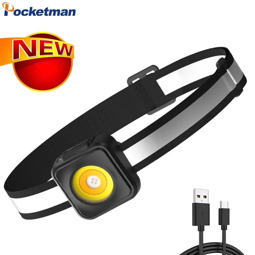 

New Style COB LED Headlamp Three Light Source Red Warning Night Fishing Headlight Type-C USB Rechargeable Waterproof