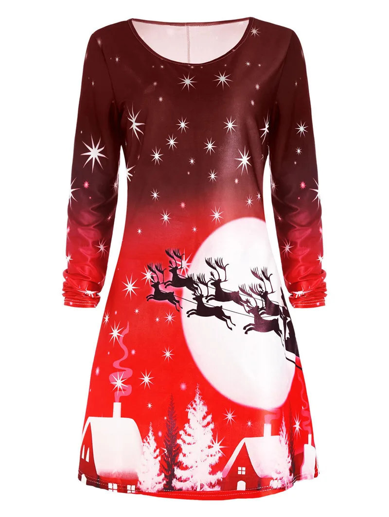 

Round-Neck 3D Christmas Deer Printed Women Mini Dresses Long Sleeve Autumn Festival Fashion Short Dress Vintage Casual Dress