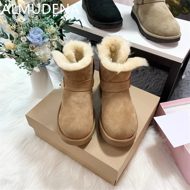 

Winter Women Snow Boots Sheepskin Wool Shearling Keep Warm Shoes Outside Leisure Ankle Boots Concise Round Toe Flat Solid Shoes