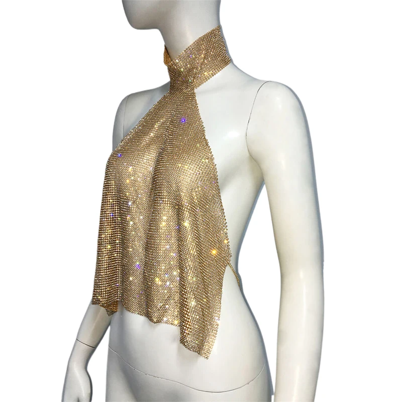 Strass-Netzstoff Neckholder Crop Top für Damen, Rückenfreies Durchsichtiges Kristall-Verziertes Mesh-Top, Sexy Clubwear Party Streetwear – Detail 5