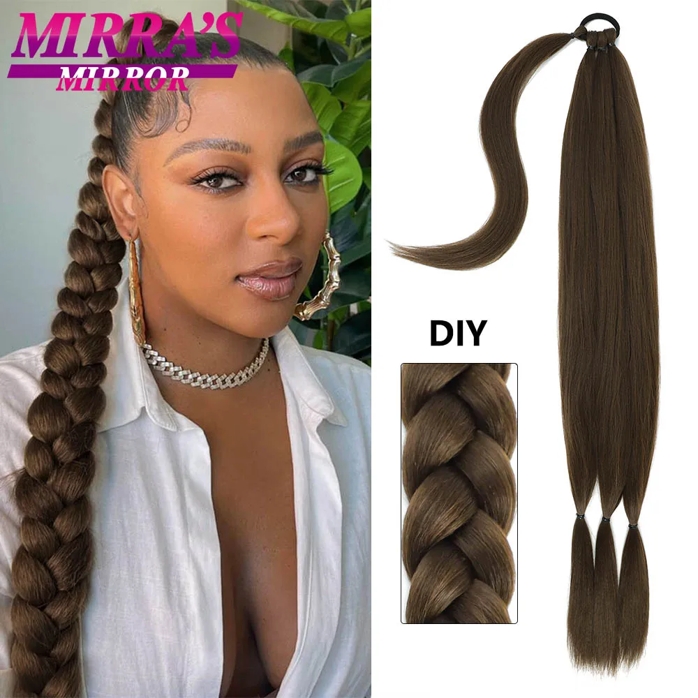 Long Ponytail Hair Extensions 34 Inch Synthetic Pigtails Hair with Elastic Band Braided Ponytail Chocolate Brown Chignon tail