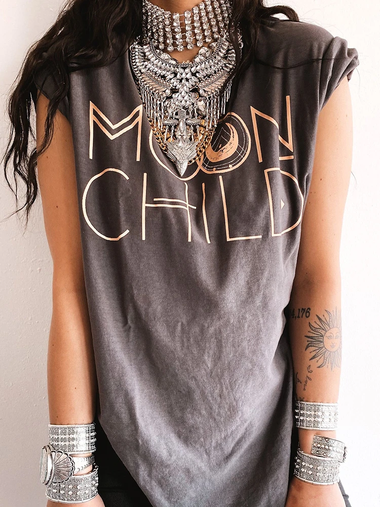 2022 New Summer Side Slit Loose Plus Size Women T Shirt Moon Child Print Drop-shoulder Vintage T Shirt Female Short Sleeve Tops palm angels t shirt