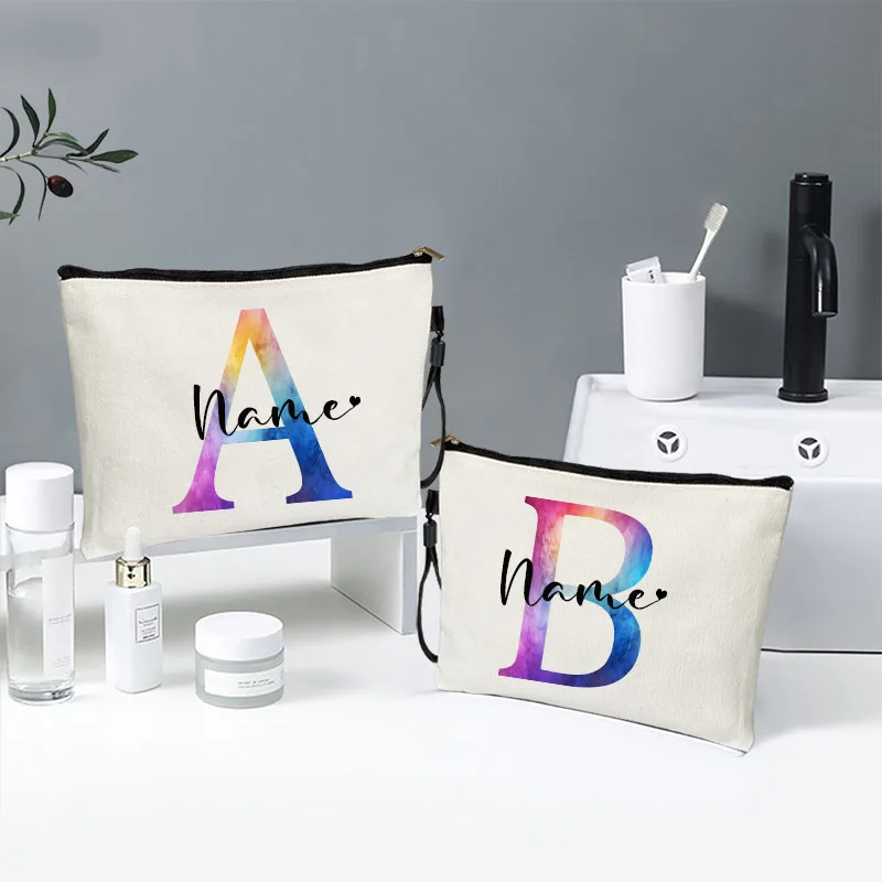 

Personalized Name Customized Bag Gradient Letter Makeup Organizer Bags Travel Toiletry Kits Teacher Gifts Woman Cosmetic Pouchs